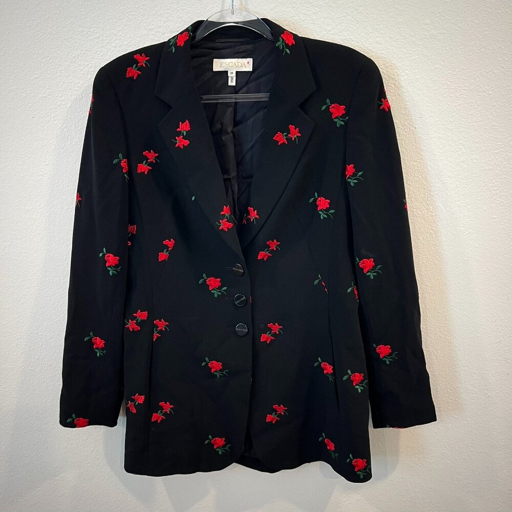 Vintage Escada Red Rose Embroidered Black Blazer 36 HTF
